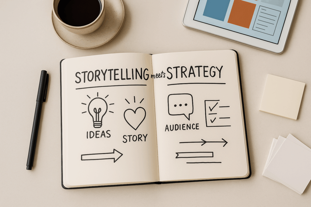 Open notebook with hand-drawn icons and text showing “Storytelling meets Strategy,” placed beside a coffee cup, pen, sticky notes, and tablet
